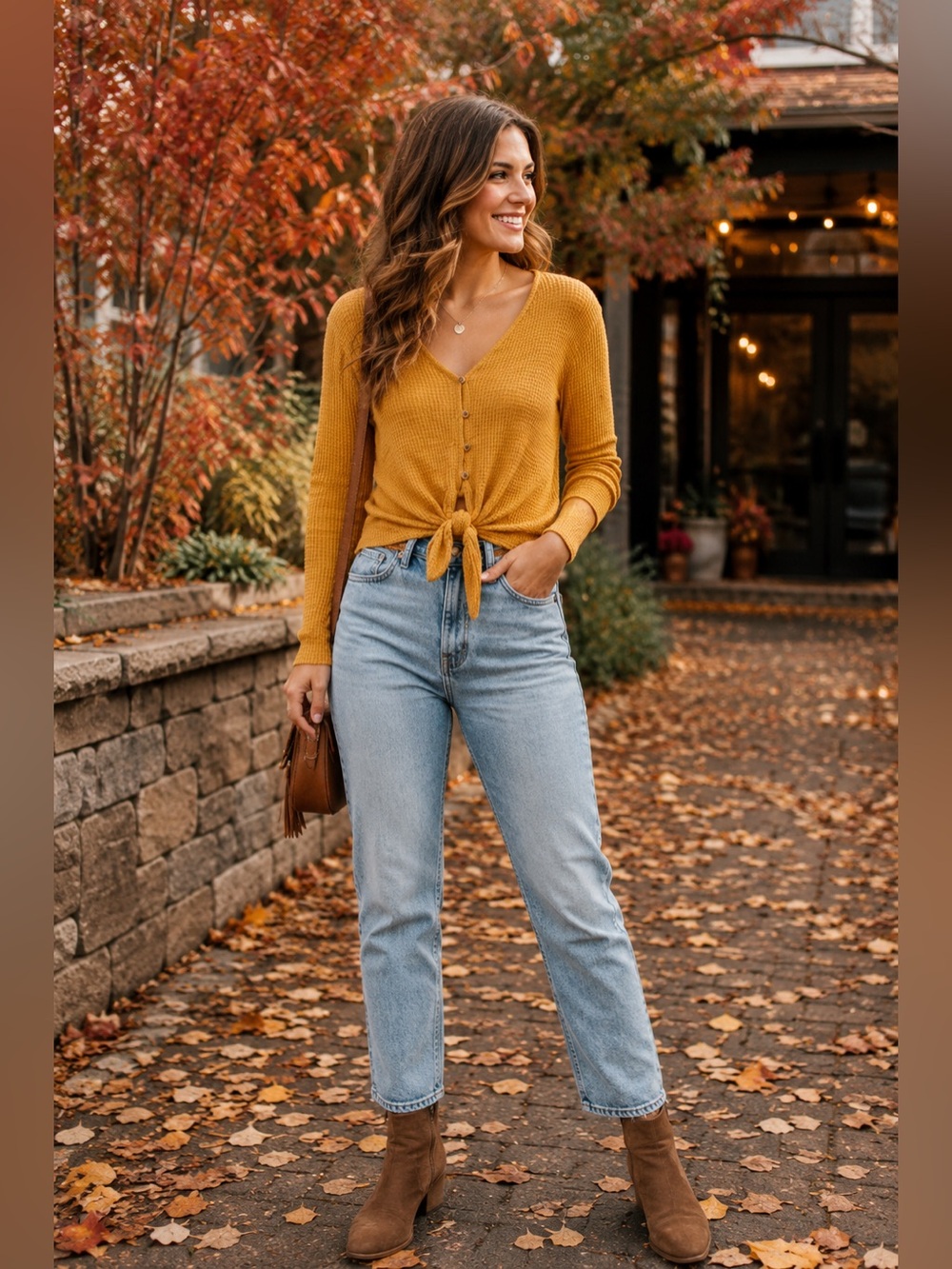 Emory Park Mustard Yellow Waffle Knit Tie-Front Top NWT